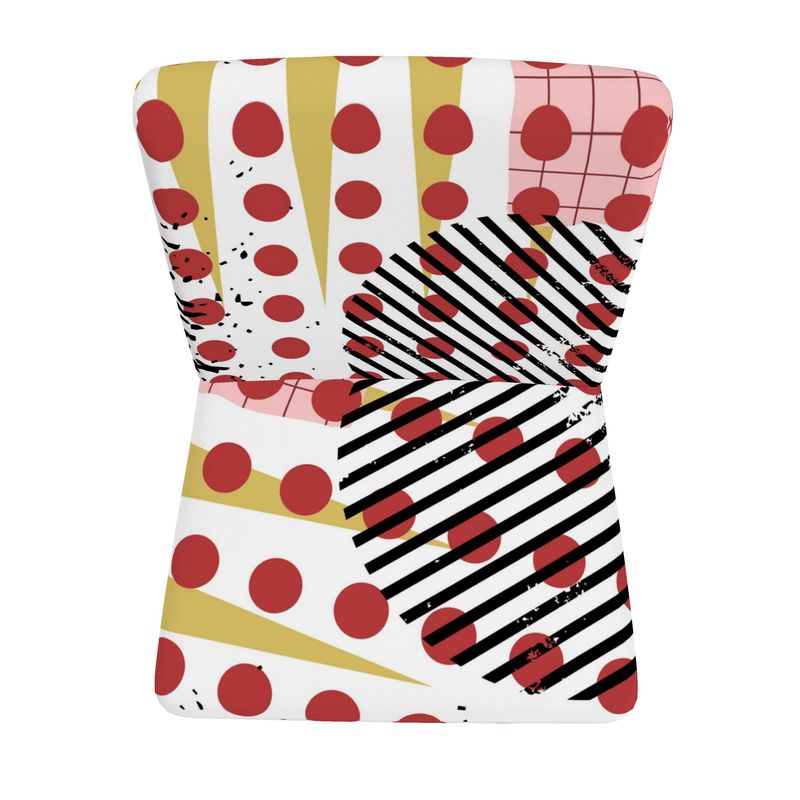Top view Pop Art print which consists of large red circles, pink grid, long ochre spikes, black and white striped circle and golden yellow frame on armless accent chair with tapered beech wood legs.