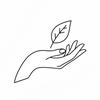 Line drawing of a hand holding a leaf on a white background